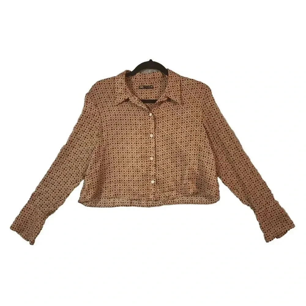 Zara Satin Tan Floral Women's Crop Top Long Cuff Sleeve Button Down Size XS